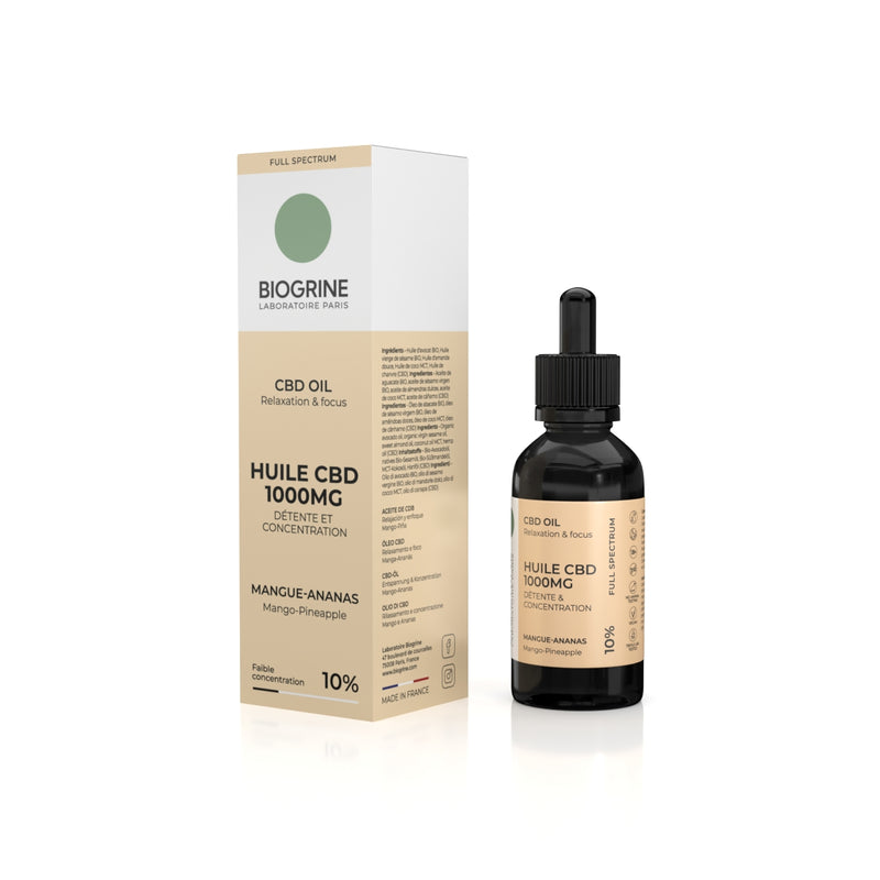CBD-Öl 1000 mg PREMIUM Vollspektrum 10 % | Entspannung und Konzentration | BIO-Öl | Mango-Ananas-Geschmack 10 ml Vegan